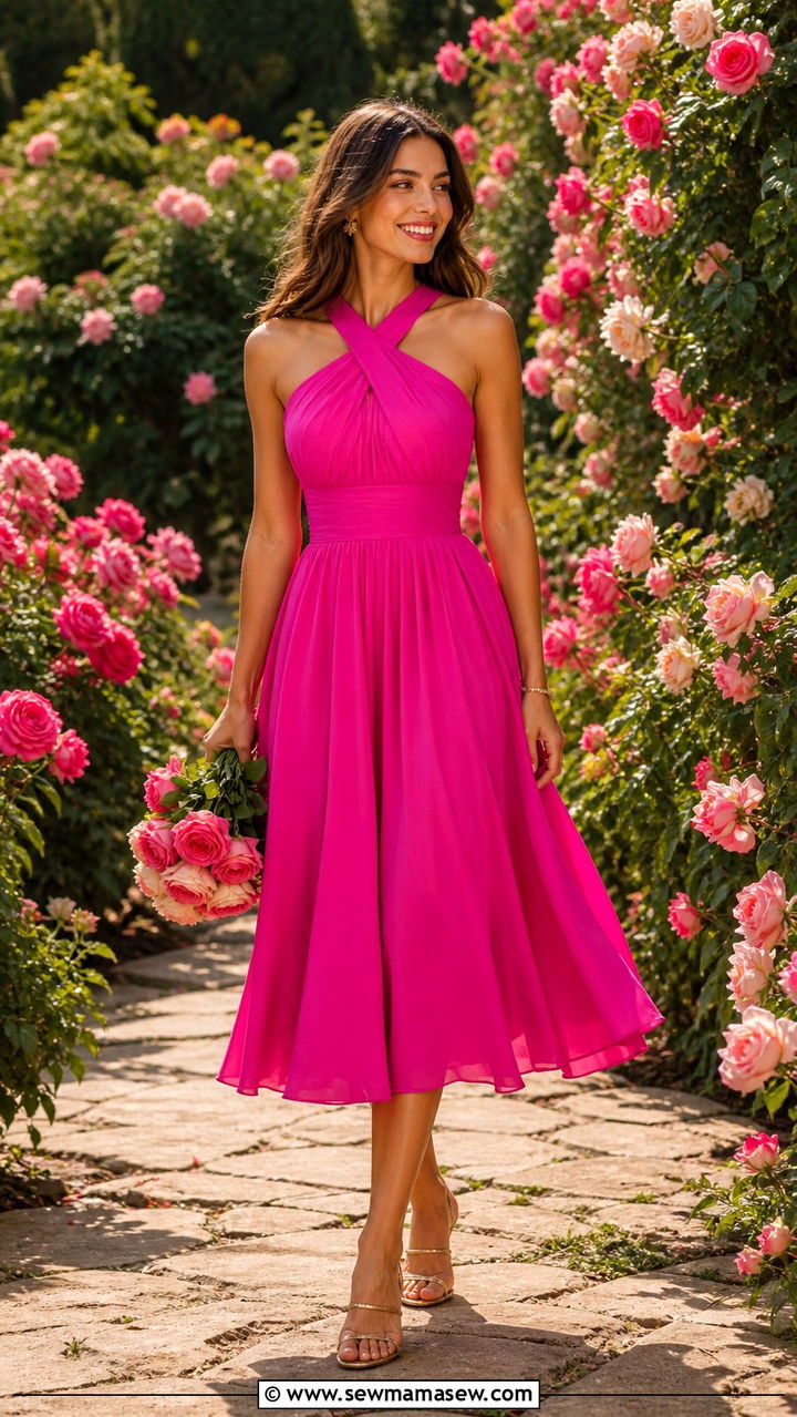 Fuchsia Tea Length Dress With Strappy Gold Sandals - 40 Formal wedding guest outfits