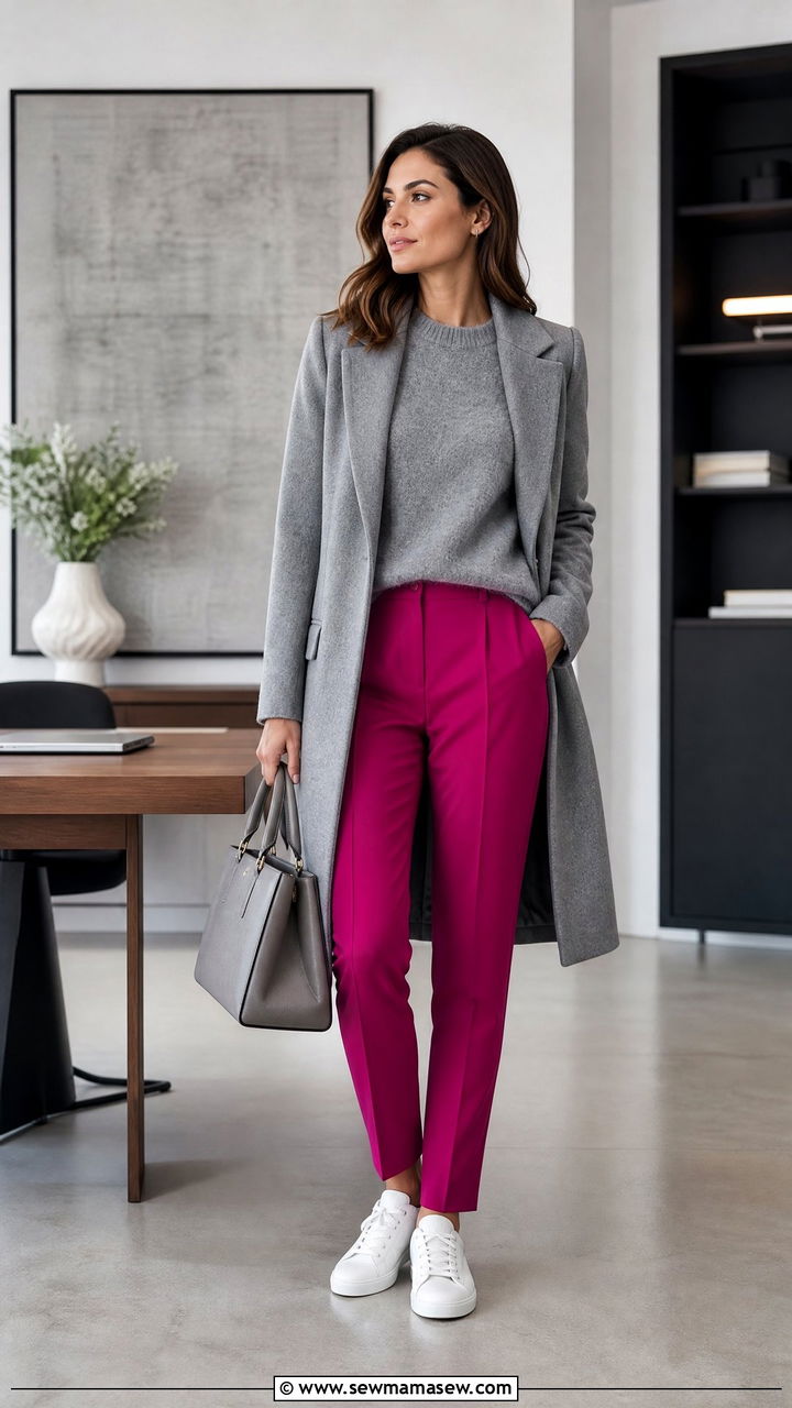 Fuchsia Trousers With Grey Cashmere Sweater - 25 Fuchsia outfit ideas