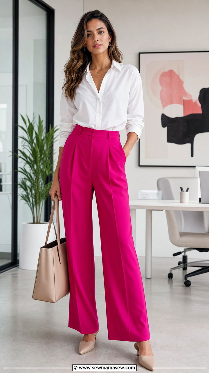 Fuchsia Wide Leg Pants With White Blouse - 25 Fuchsia outfit ideas