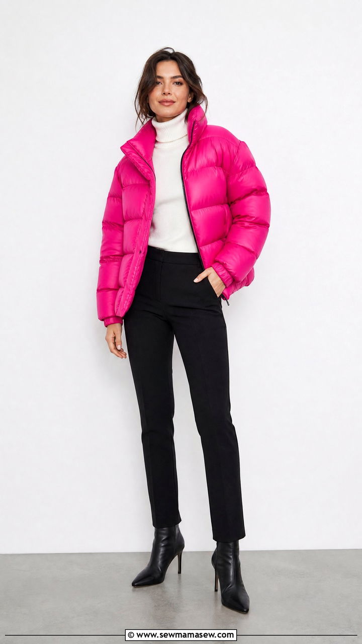 Fuchsia pink puffer jacket with black trousers - 40 Puffer jacket outfit ideas