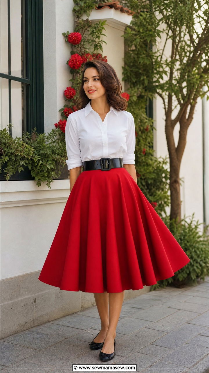 Full Circle Skirt with Button Down Shirt - 25 Outfit ideas for narrow hips