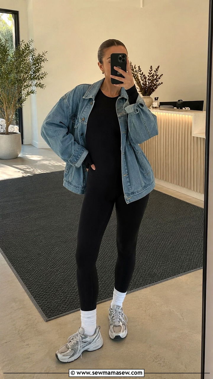 Full Coverage Unitard with Oversize Jacket - 25 Modest pilates outfit ideas