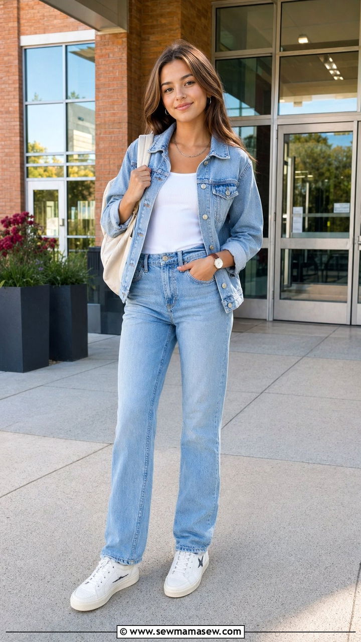 Full Denim on Denim with White Tank and Retro Sneakers Outfit - 35 Back to school outfit ideas 10th grade