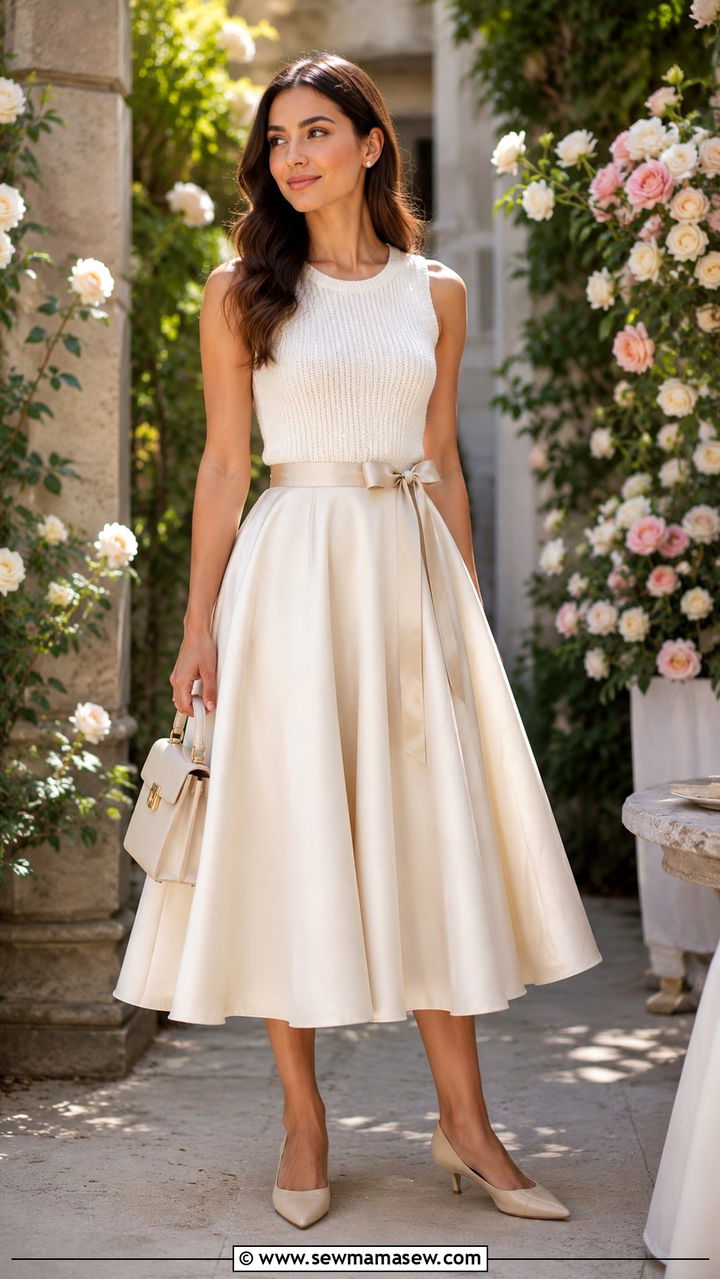 Full Flared Midi Skirt With Sleeveless Top And Satin Belt - 30 Spring outfits with skirts