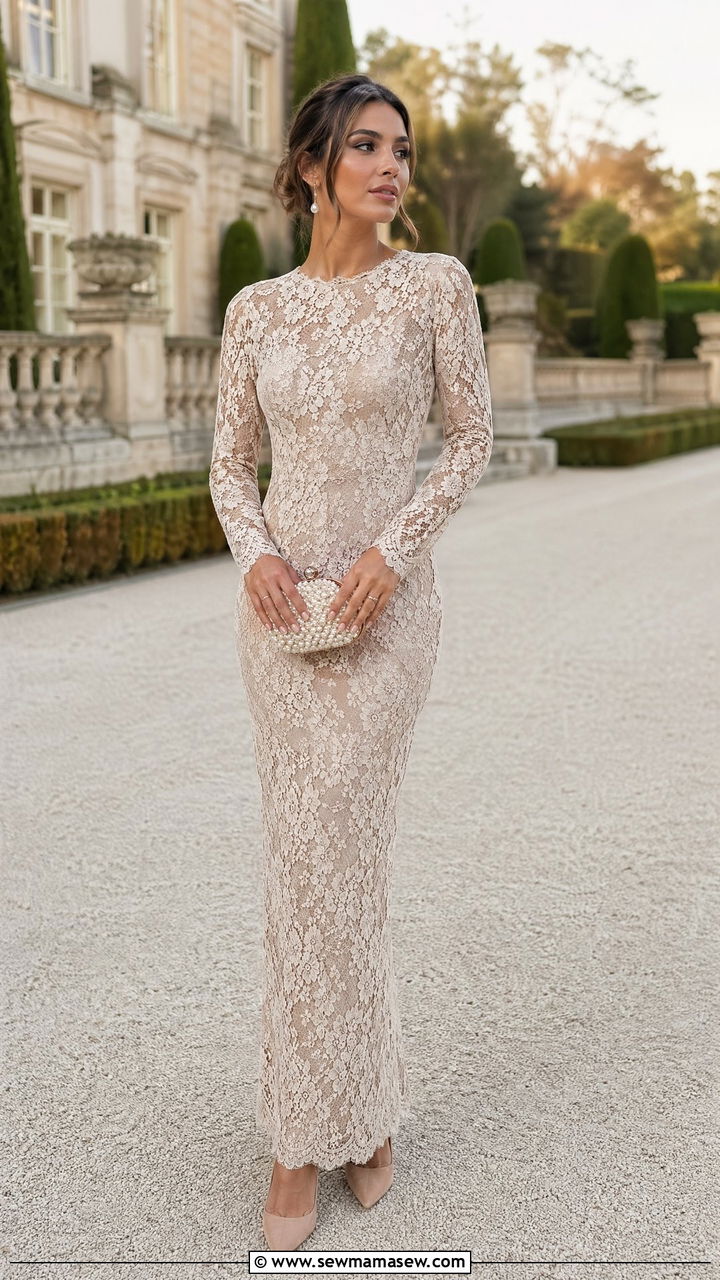 Full Lace Long Sleeve Maxi Dress with Pearl Accents - 35 Evening wedding guest outfits