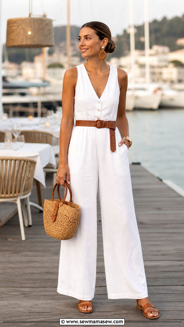 Full Length Linen Jumpsuit With Woven Belt - 40 Coastal summer outfits