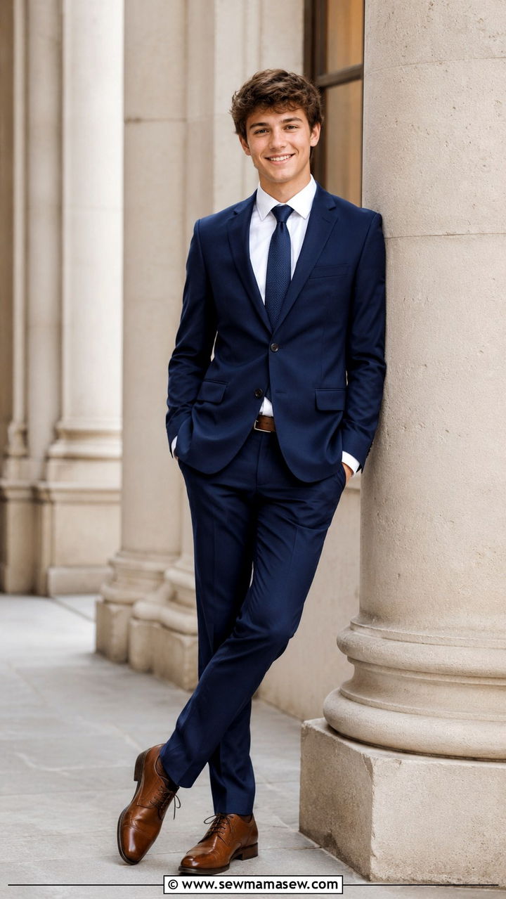 Full Navy Suit with Brown Oxford Shoes - 30 Senior photo outfit ideas for guys