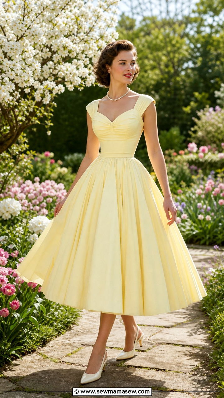 Full Skirted Vintage Style Dress with Kitten Heels - 25 spring outfits for hourglass body