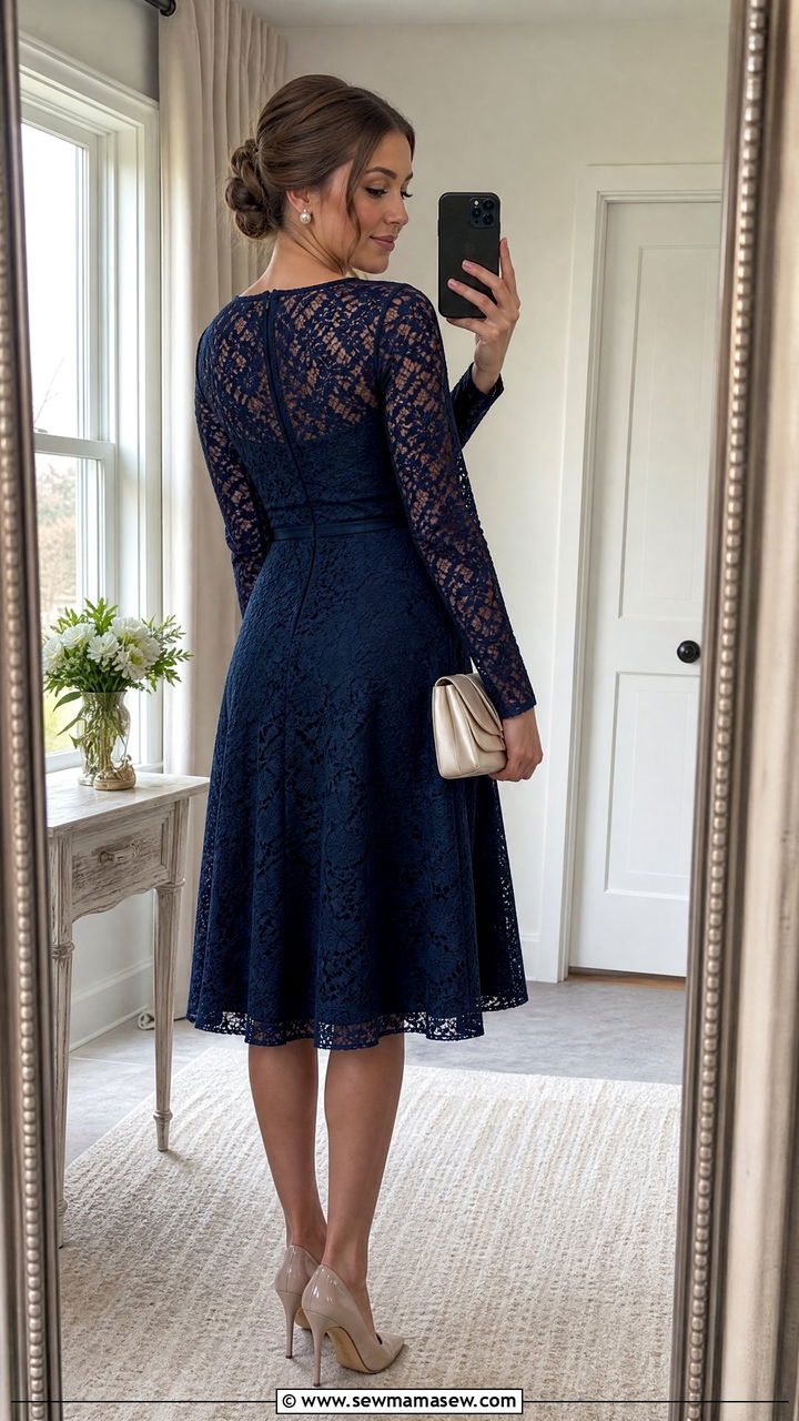 Full back lace dress with simple pumps and pearls - 25 Outfit ideas to flatter back