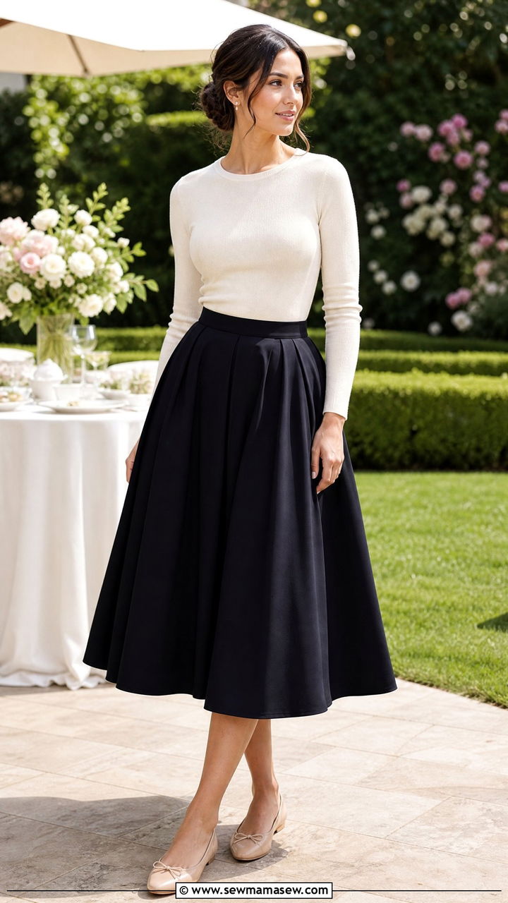 Full midi skirt and fitted top Bardot look - 25 Brigitte Bardot outfit ideas