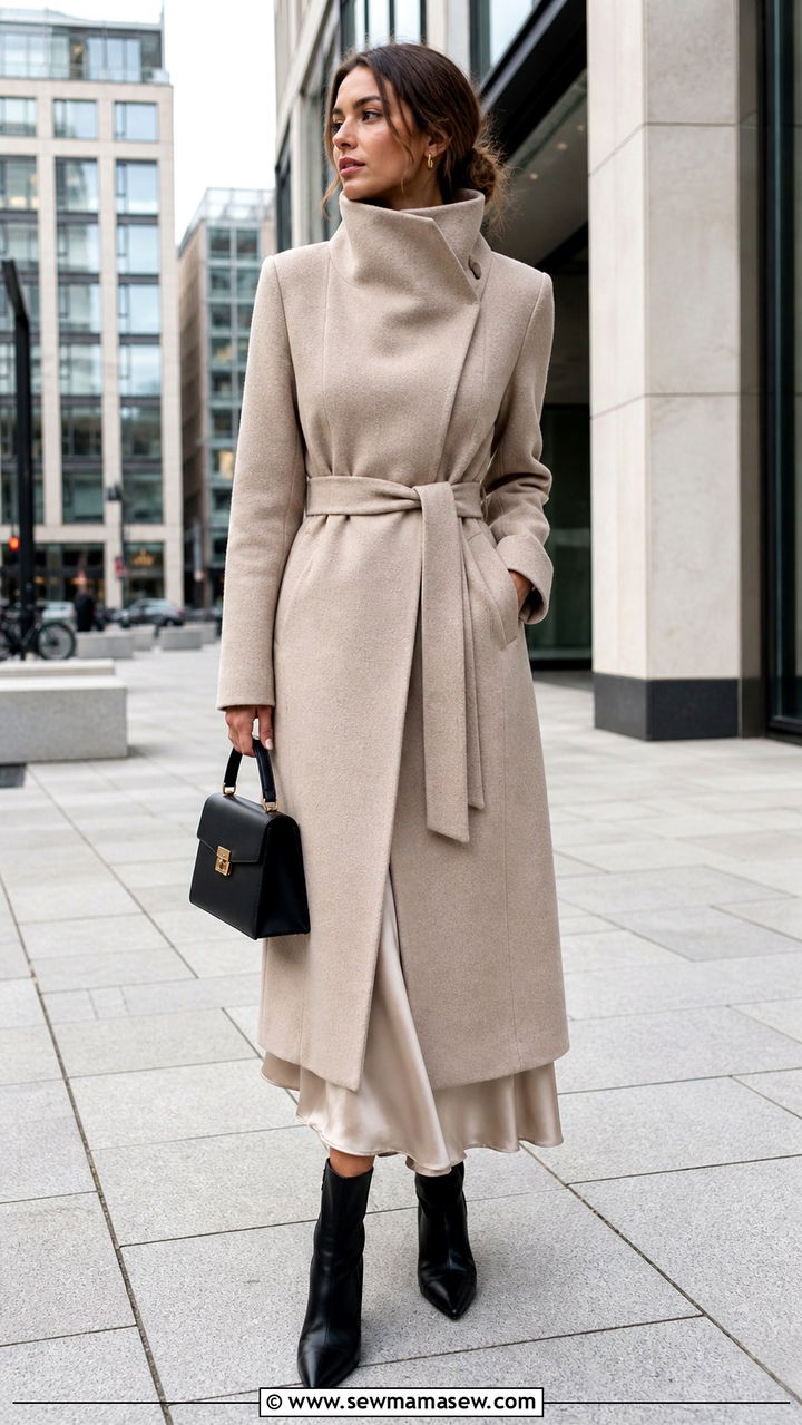 Funnel Neck Coat With Satin Slip Skirt and Pointed Boots - 40 French girl outfits ideas