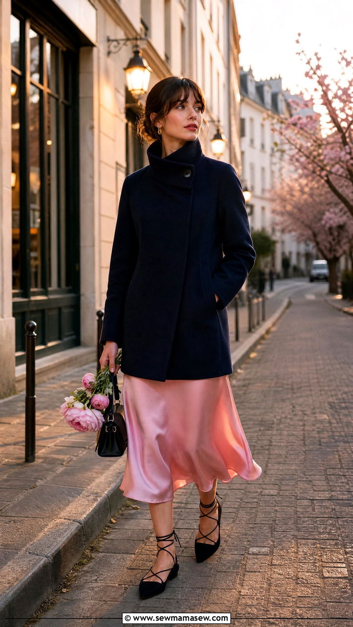 Funnel Neck Coat With a Pink Satin Midi Skirt and Lace Up Flats - 30 French girl outfits 2026