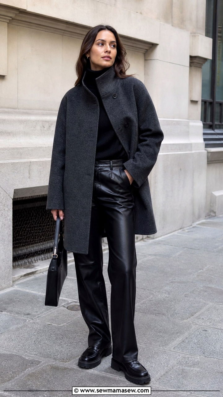 Funnel Neck Coat and Leather Pants Outfit - 20 2026 fashion trends women inspo
