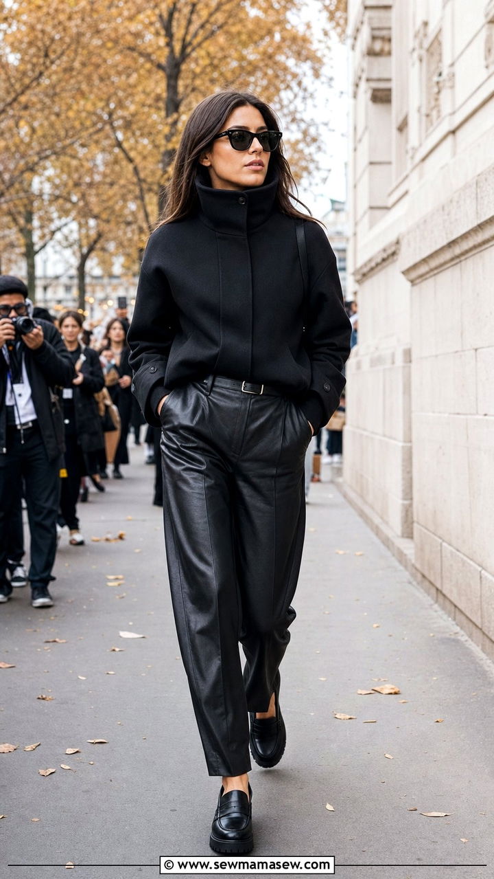 Funnel Neck Jacket Leather Pants and Wayfarer Sunglasses - 25 classy model off duty outfit ideas