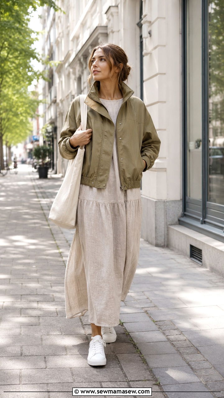 Funnel Neck Jacket With Drop Waist Dress And Sneakers - 30 transitional everyday outfits for women