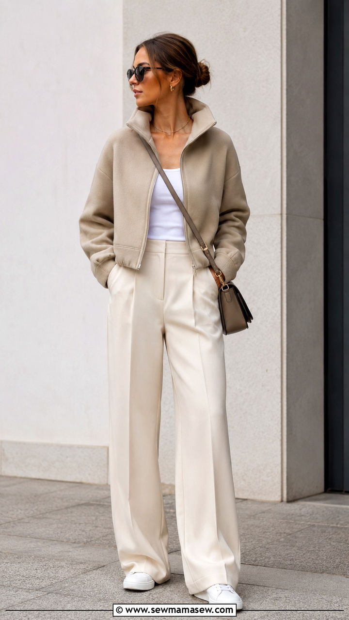 Funnel Neck Jacket With Wide Leg Trousers and Sneakers - 30 Light jacket weather outfit ideas
