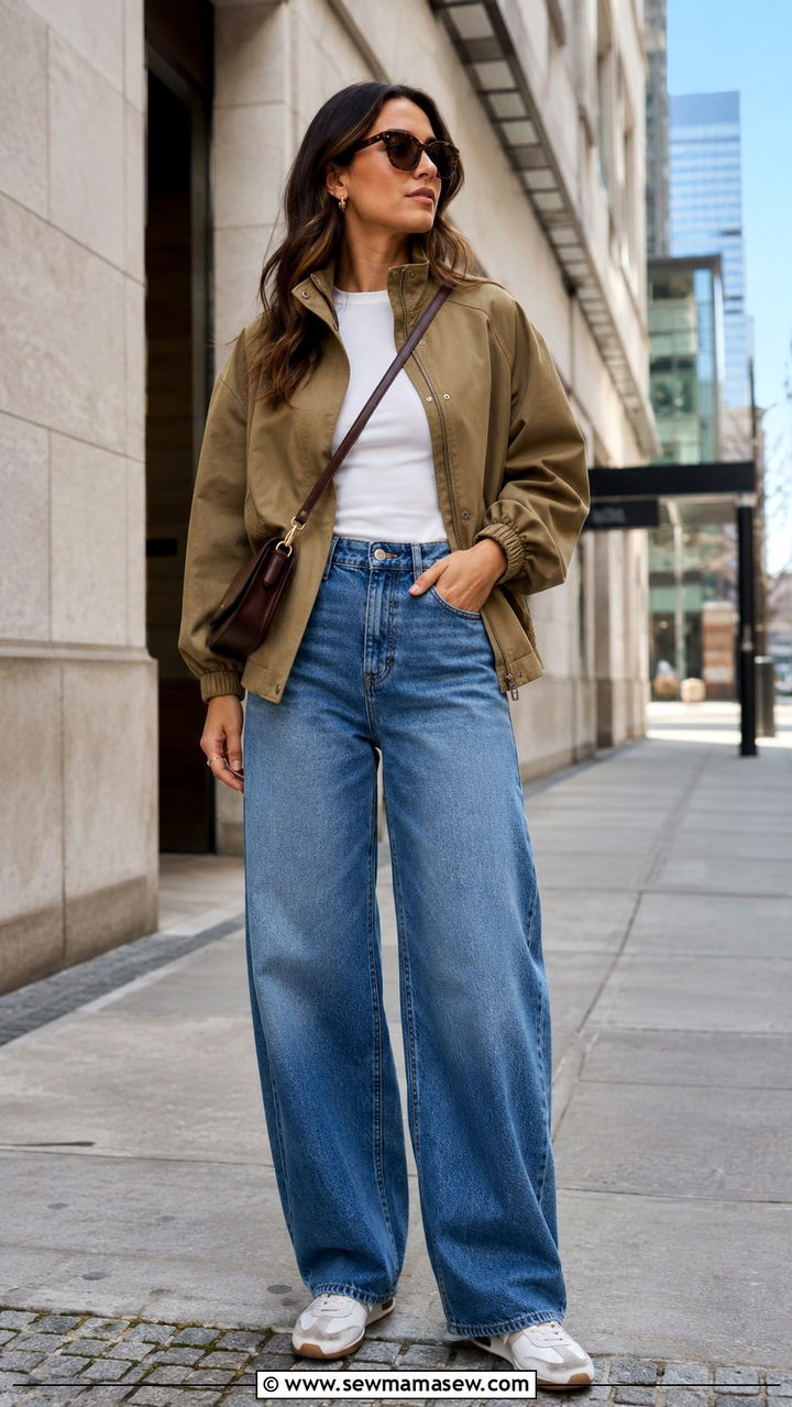 Funnel Neck Jacket with Barrel Leg Jeans - 30 Spring outfits with jeans