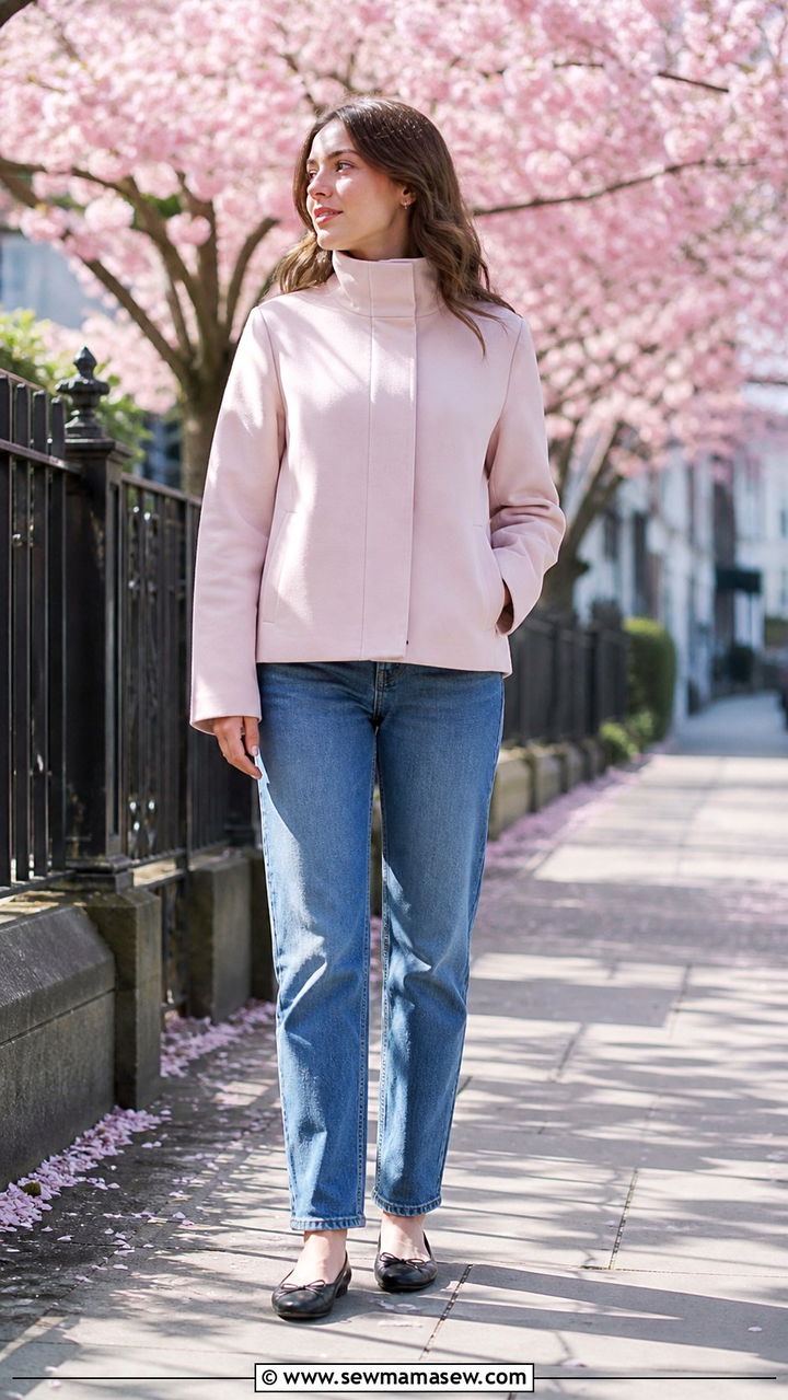 Funnel Neck Jacket with Straight Leg Jeans and Ballet Flats - 40 casual jacket outfits