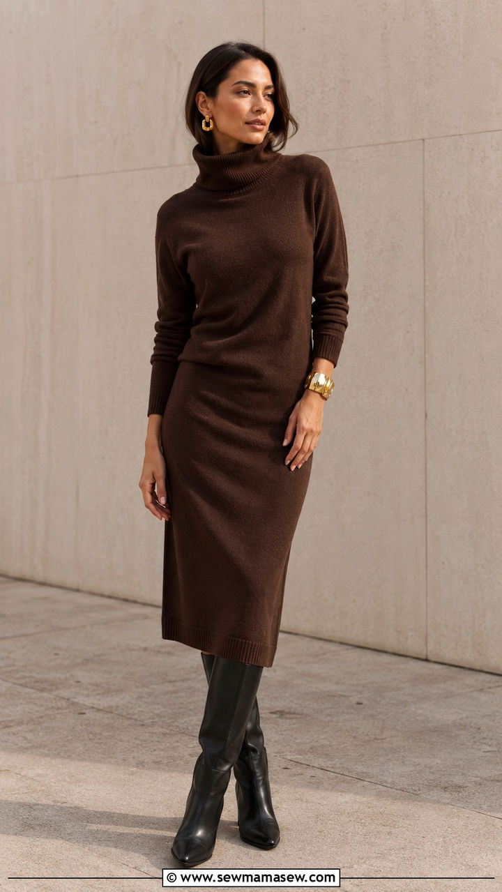 Funnel Neck Knit Dress With Knee High Boots And Gold Jewelry Outfit - 30 casual glamoratti outfits