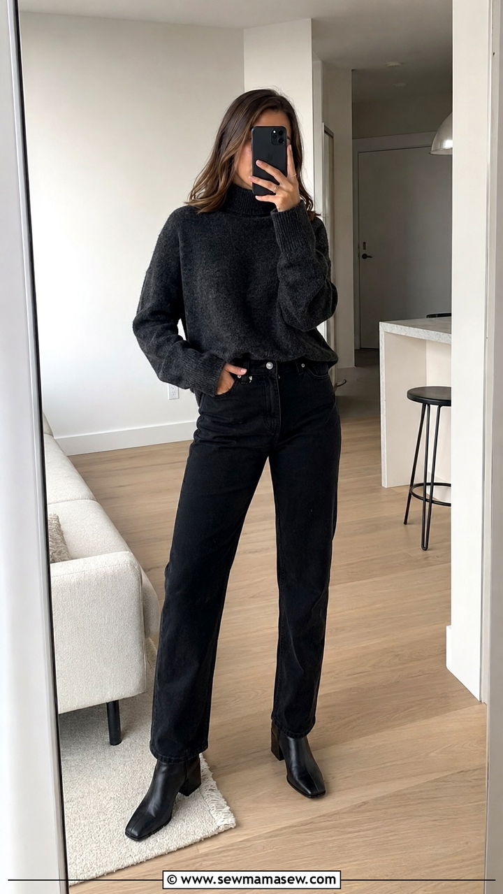 Funnel Neck Knit With Black Straight Jeans And Ankle Boots - 30 Quiet luxury outfit ideas with jeans