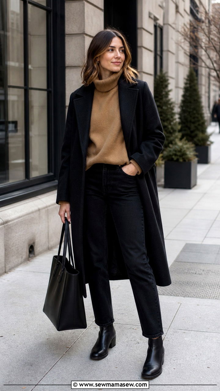 Funnel Neck Knit with Black Straight Jeans and Chelsea Boots - 40 jeans outfit ideas for women