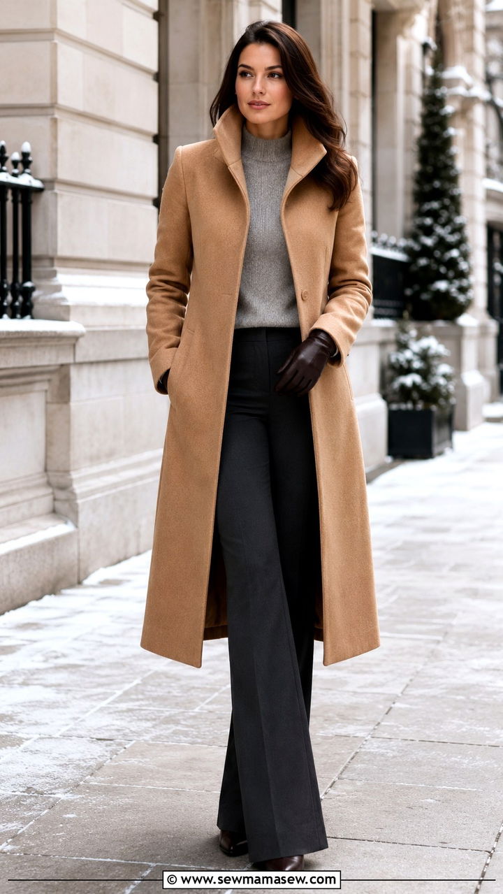 Funnel Neck Long Coat with Bootcut Trousers - 25 Outfit ideas for pear shape 2026