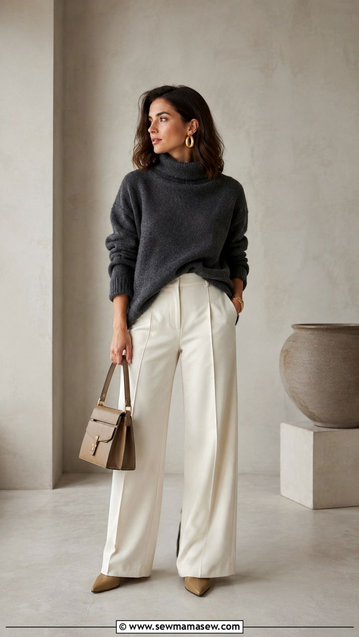 Funnel Neck Sweater With Chunky Gold Hoop Earrings - 20 Glamoratti outfit ideas chunky gold jewelry