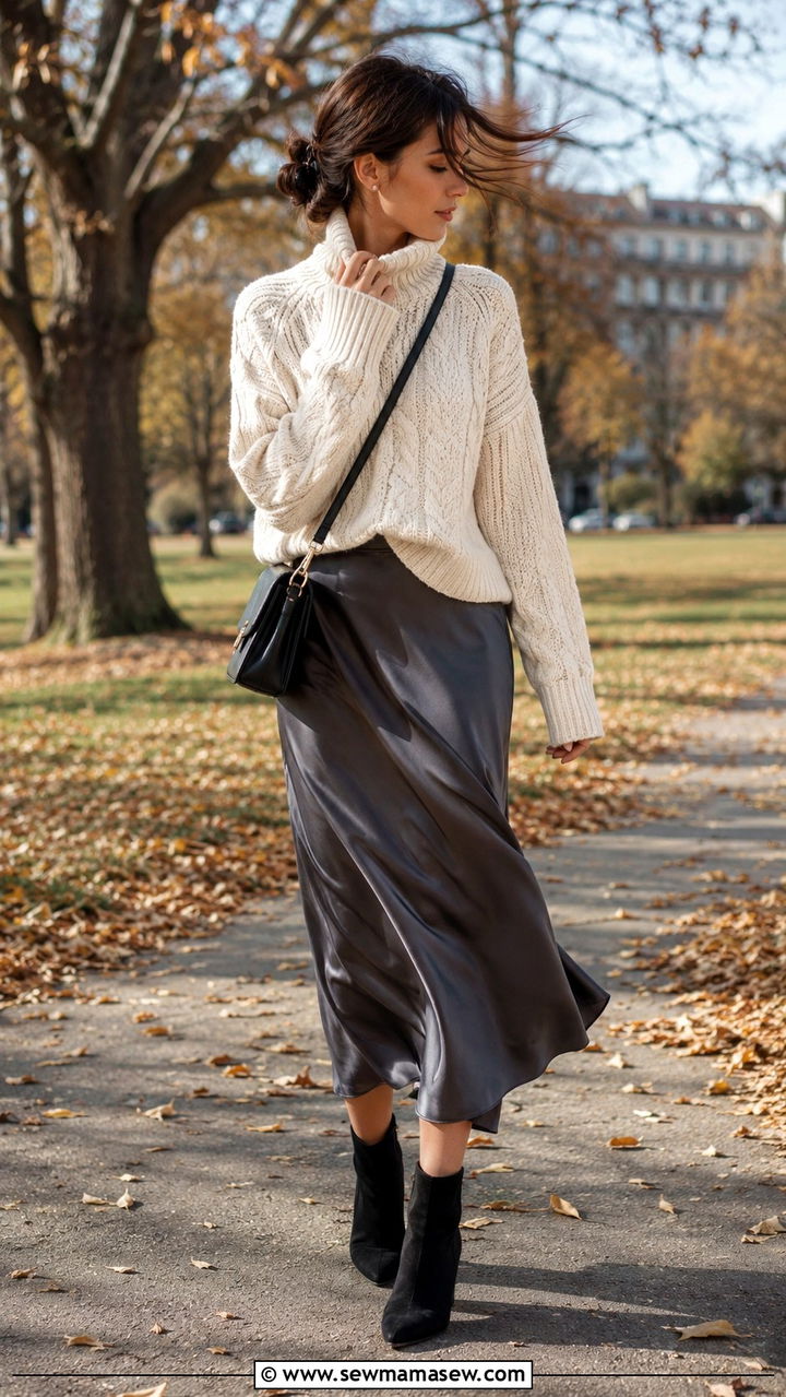 Funnel Neck Sweater With Slip Skirt And Block Heel Boots - 25 windy day outfits aesthetic