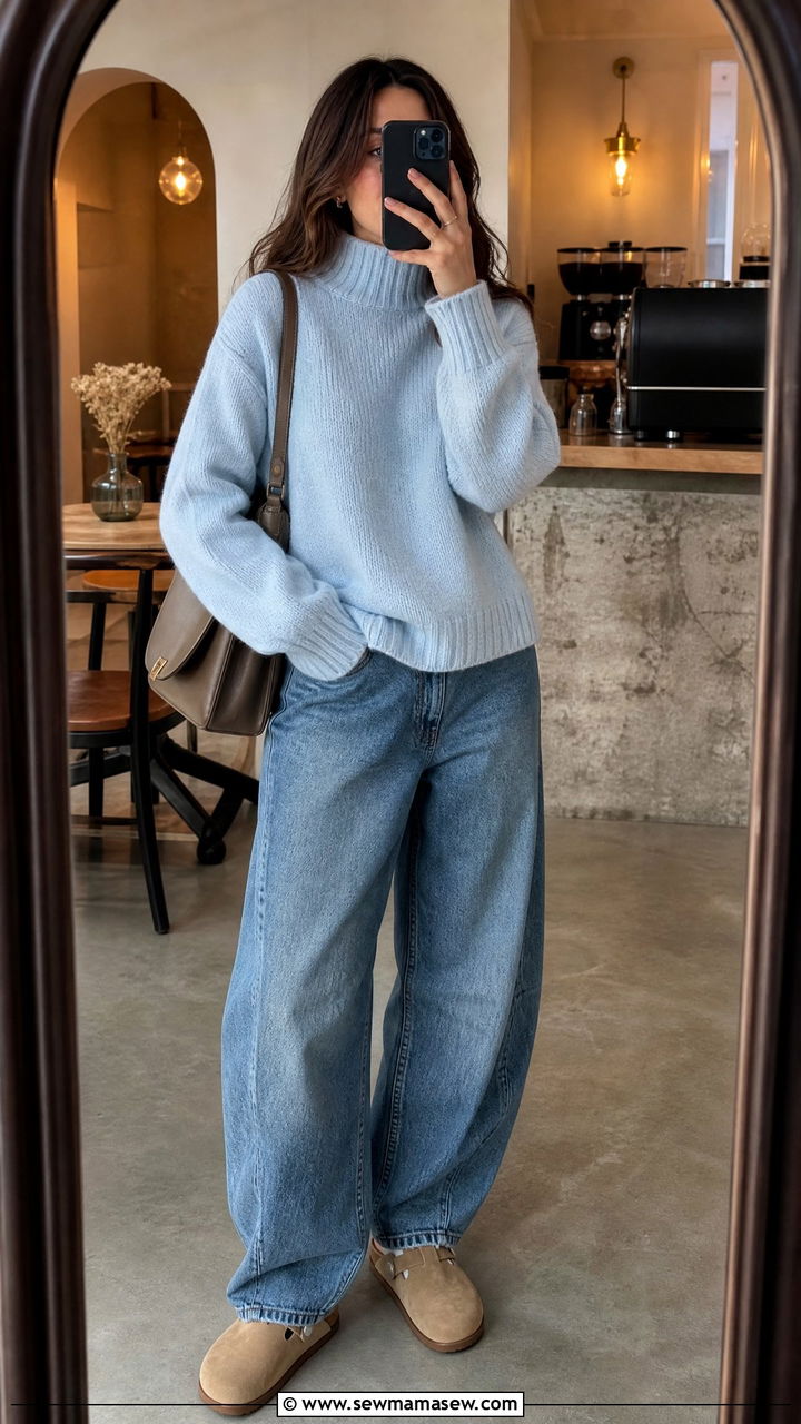 Funnel Neck Sweater and Barrel Jeans Casual Outfit 2026 - 25 casual outfits 2026