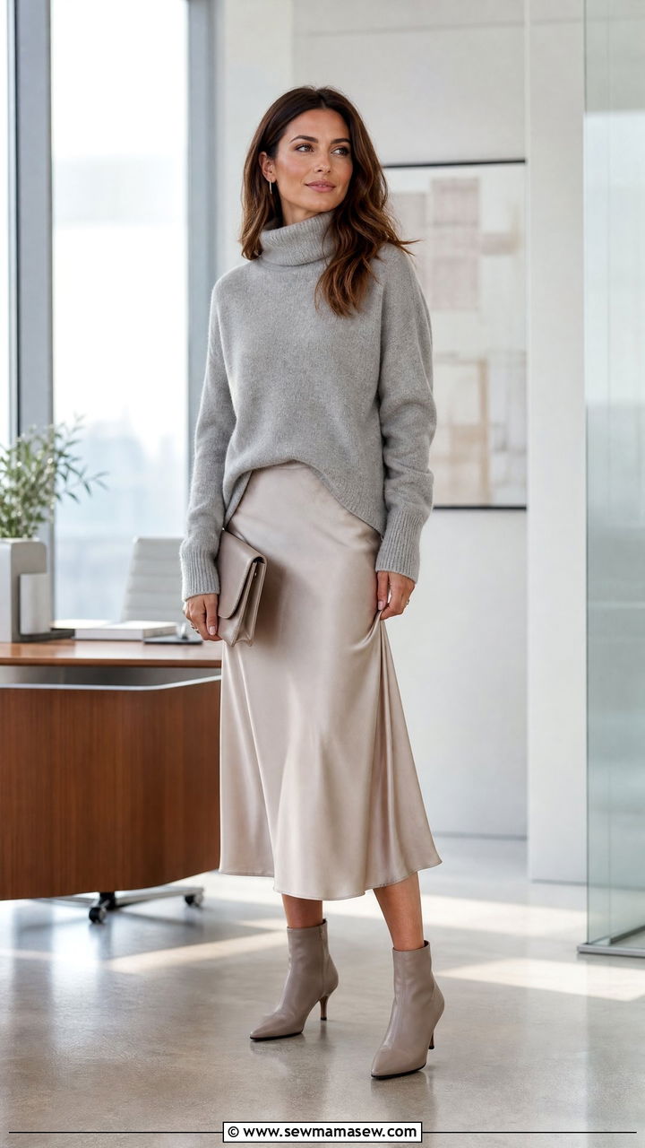 Funnel Neck Sweater with Satin Midi Skirt and Kitten Heel Boots - 25 Business casual outfits with boots
