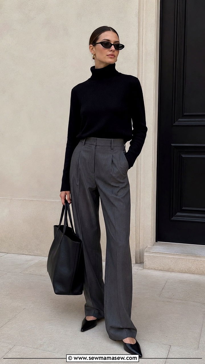 Funnel Neck Top With Gray Tailored Trousers and Flats - 30 casual model off duty outfits