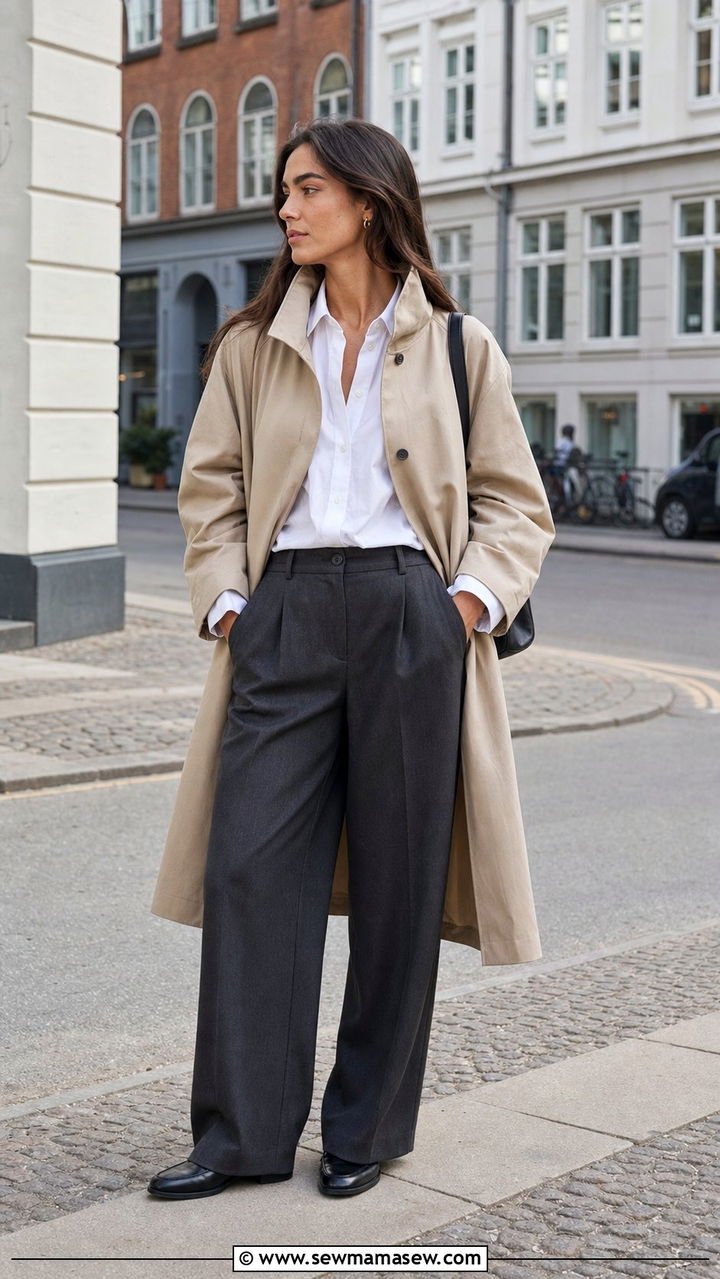 Funnel Neck Trench Coat with Wide Leg Trousers - 25 Copenhagen outfits 2026