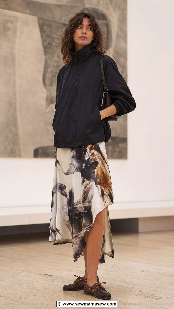 Funnel Neck Windbreaker Outfit With Asymmetric Slip Skirt - 30 cute windbreaker outfits