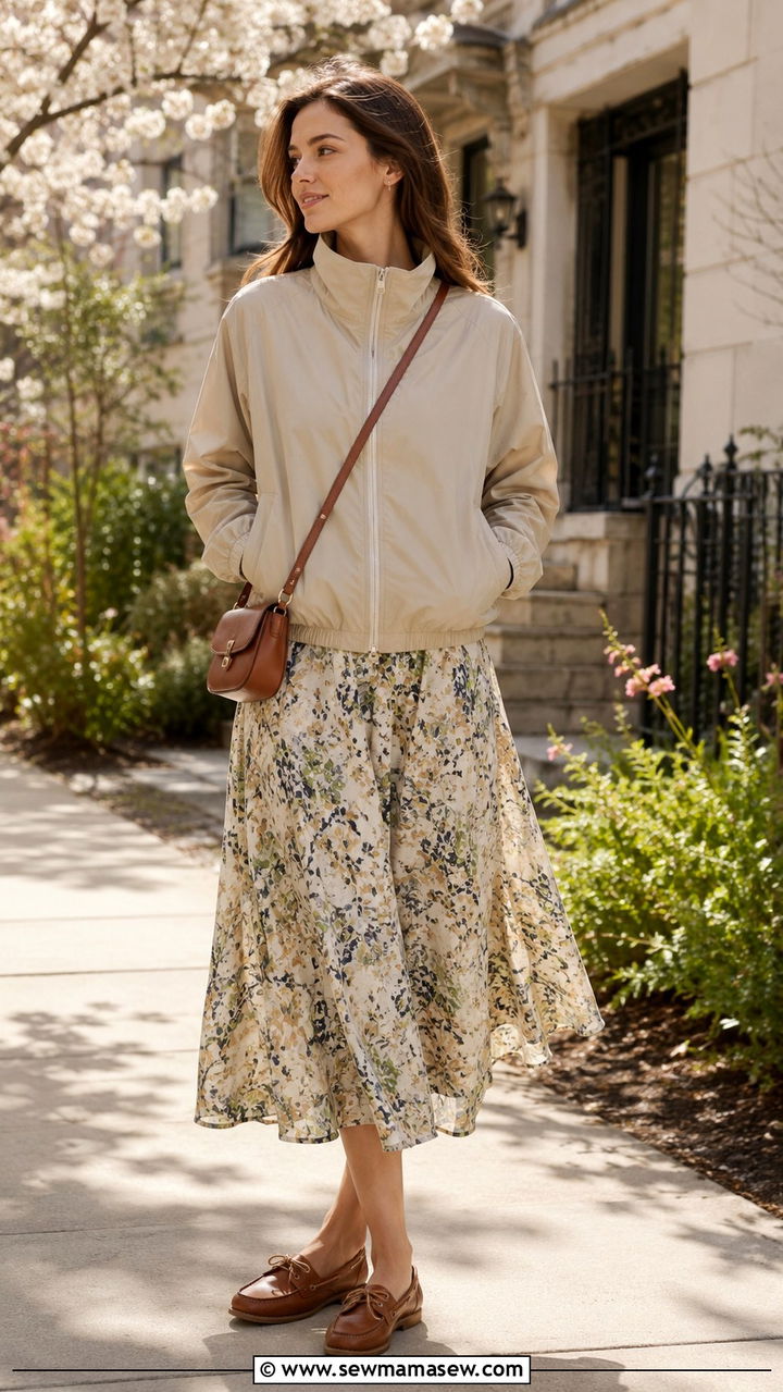 Funnel Neck Windbreaker Outfit With Printed Midi Skirt and Boat Shoes - 30 cute windbreaker outfits