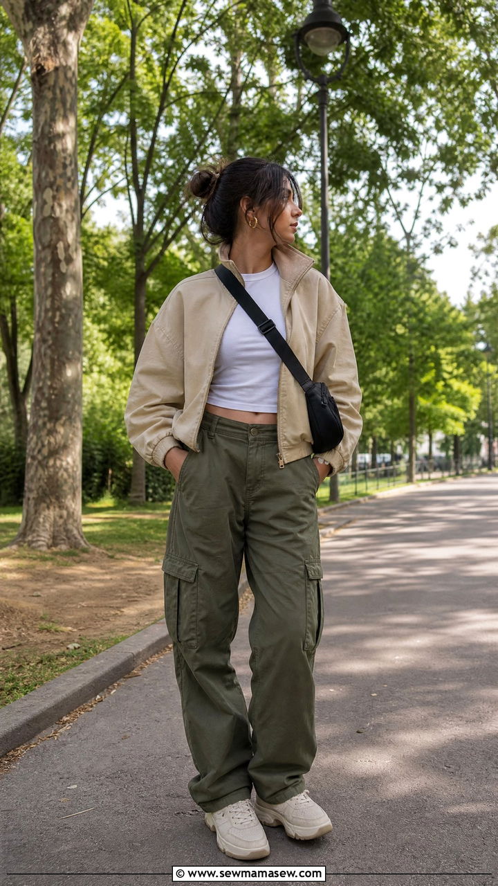 Funnel neck bomber jacket with cargo pants - 25 Funnel neck outfit ideas 2026