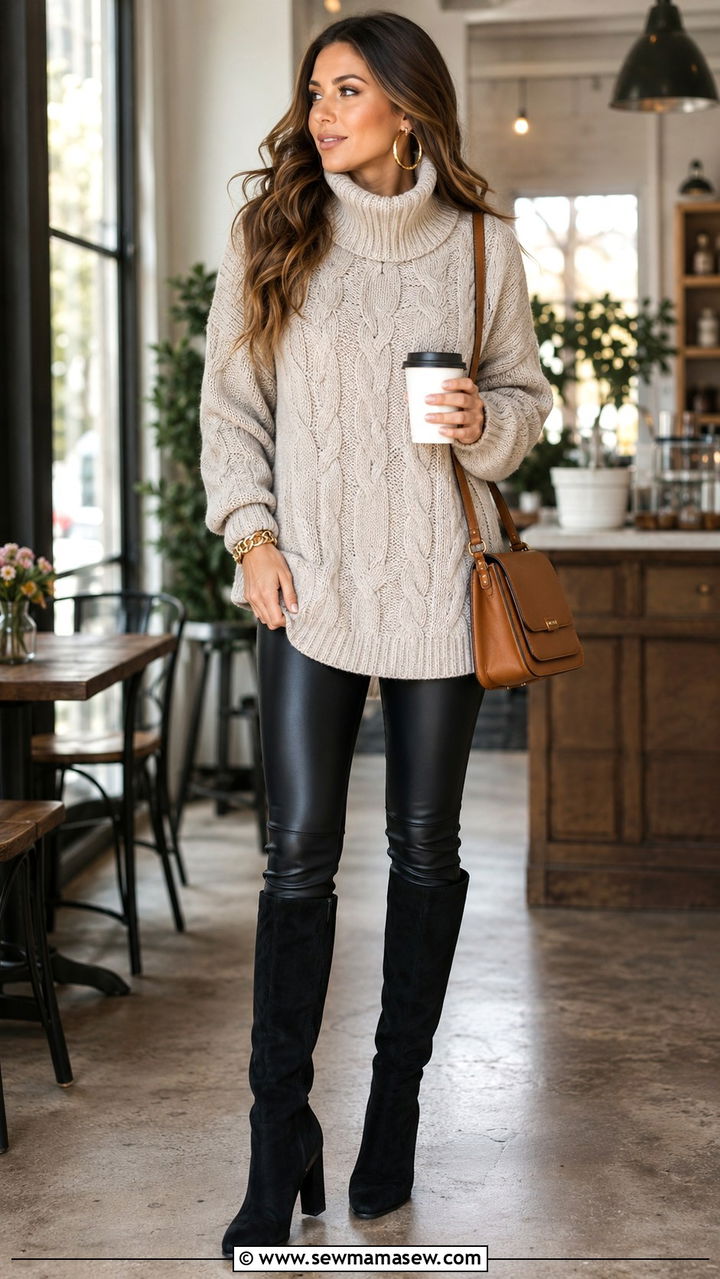 Funnel neck cable knit sweater with leather leggings - 20 Glamoratti outfit ideas funnel neck