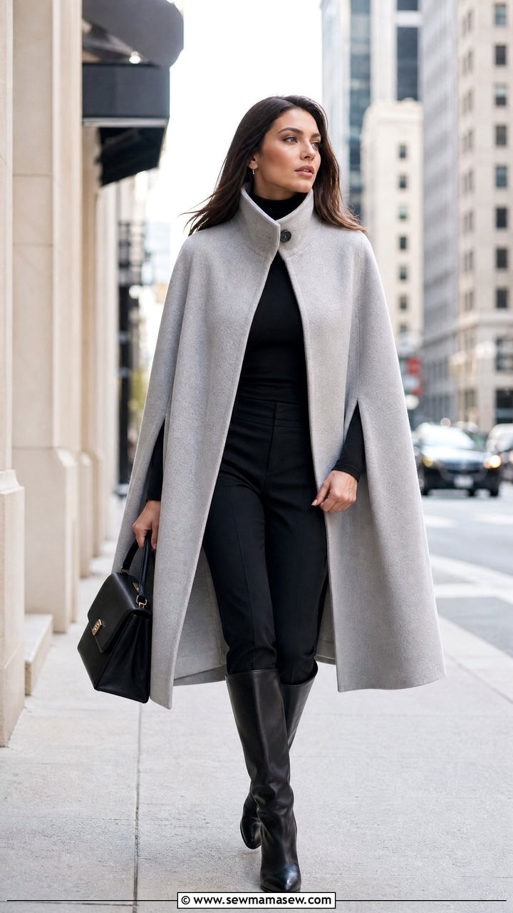 Funnel neck cape coat with knee boots - 25 Funnel neck outfit ideas 2026