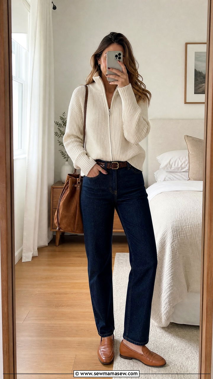 Funnel neck cardigan with straight leg jeans - 25 Funnel neck outfit ideas 2026