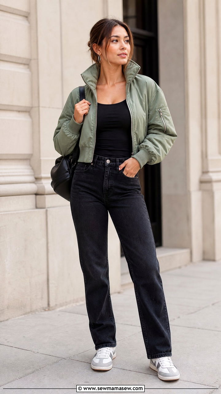 Funnel neck cropped bomber with high rise jeans - 25 Petite outfit ideas spring 2026