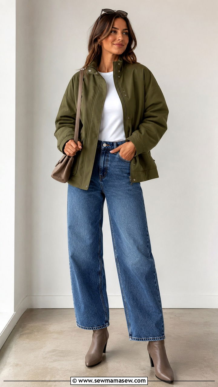 Funnel neck jacket with barrel leg jeans outfit - 30 jacket outfits 2026
