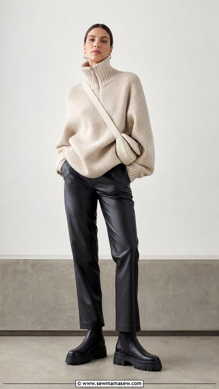 Funnel neck knit and leather trousers Copenhagen outfit - 25 casual Copenhagen outfits