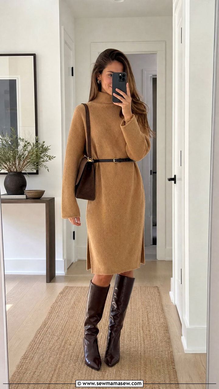 Funnel neck knit dress with knee boots - 25 Funnel neck outfit ideas 2026