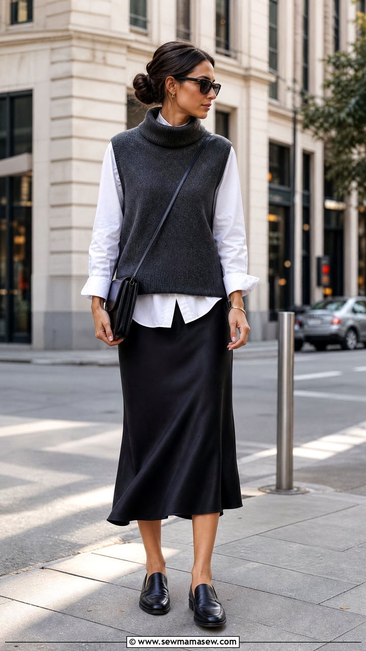 Funnel neck knit vest with midi skirt - 25 Funnel neck outfit ideas 2026