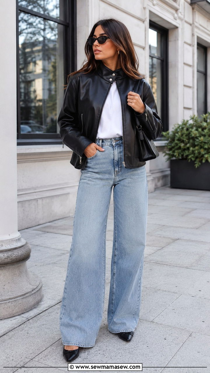 Funnel neck leather jacket with wide leg jeans outfit - 30 jacket outfits 2026
