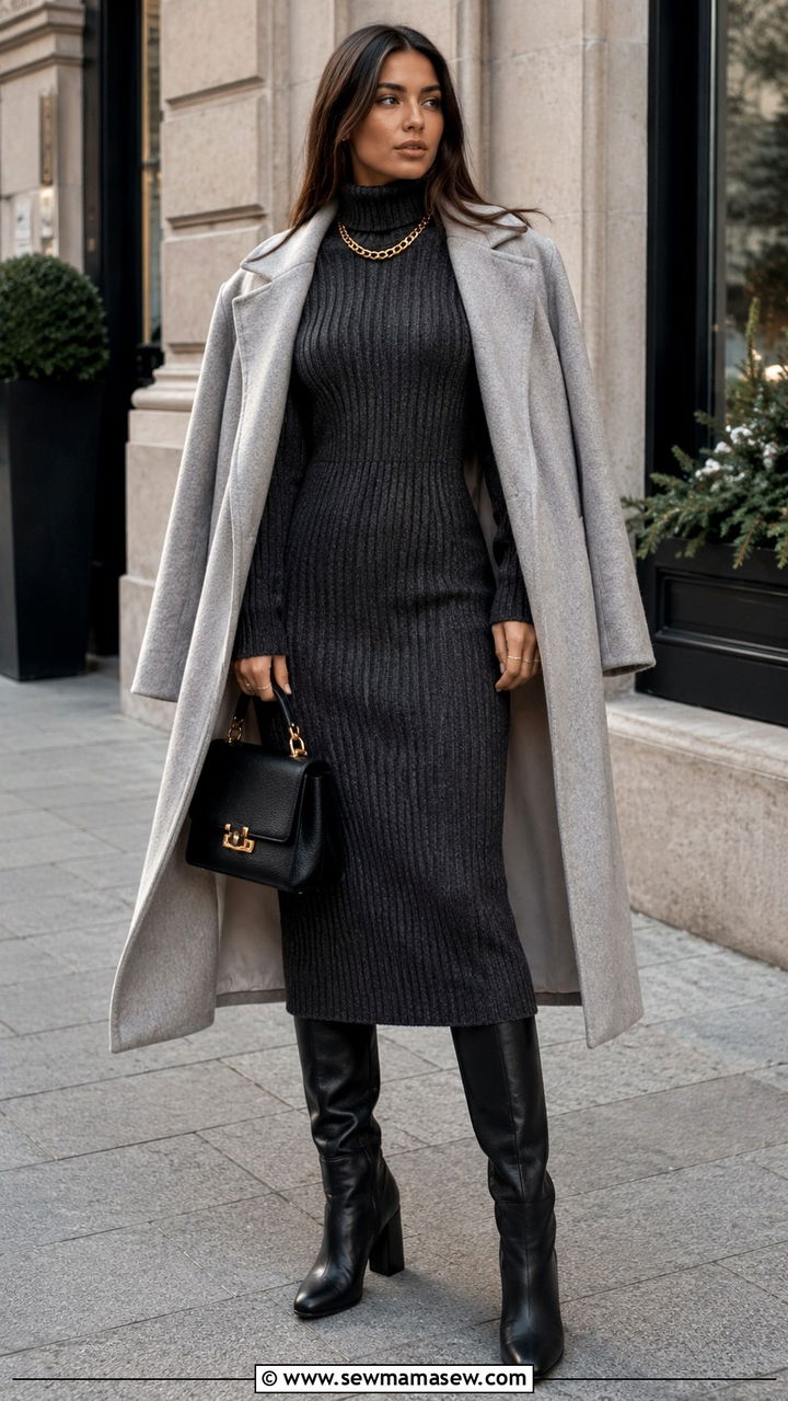 Funnel neck ribbed knit dress with knee high boots - 20 Glamoratti outfit ideas funnel neck