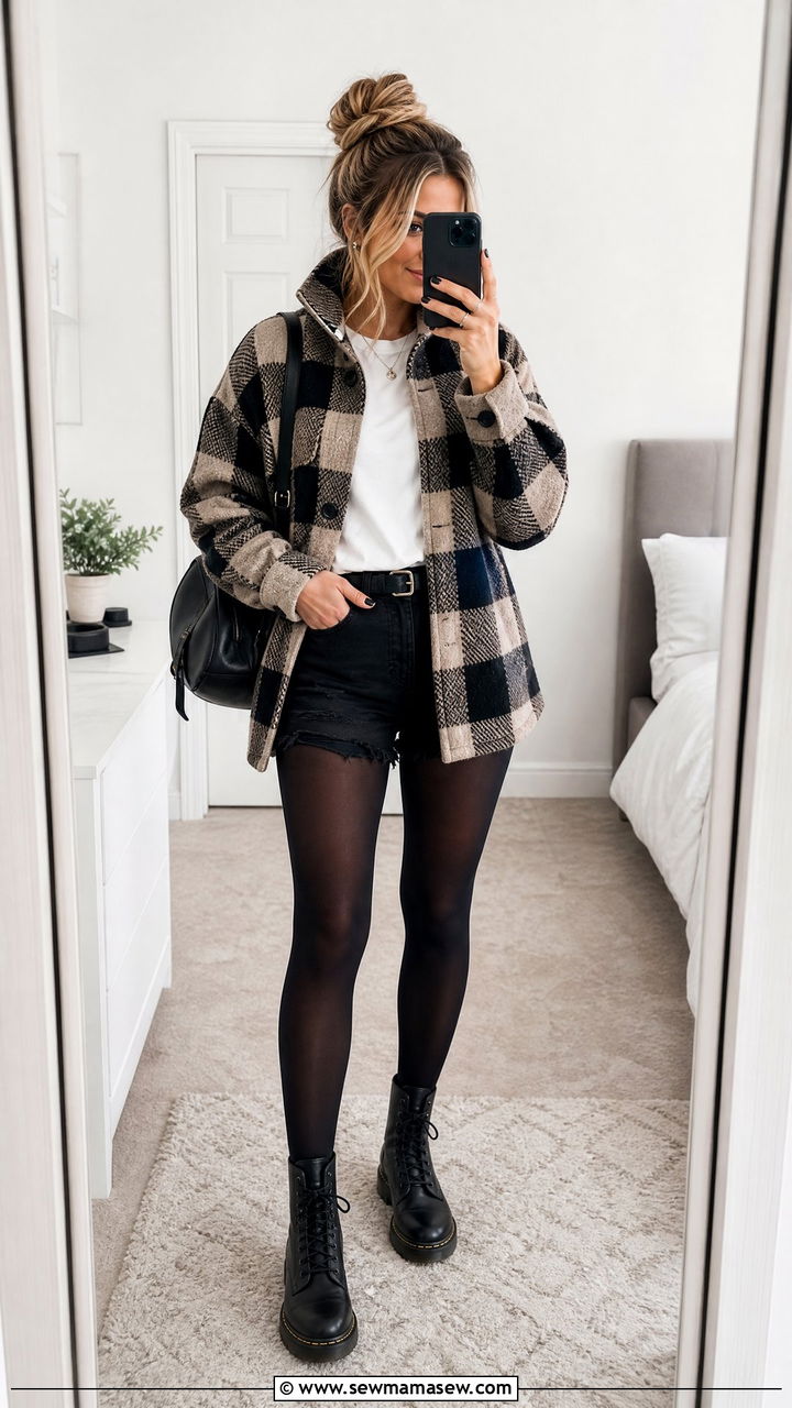 Funnel neck shacket with denim shorts - 25 Funnel neck outfit ideas 2026