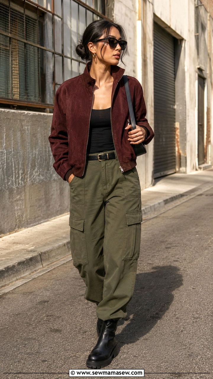 Funnel neck suede jacket with cargo pants - 20 Glamoratti outfit ideas funnel neck