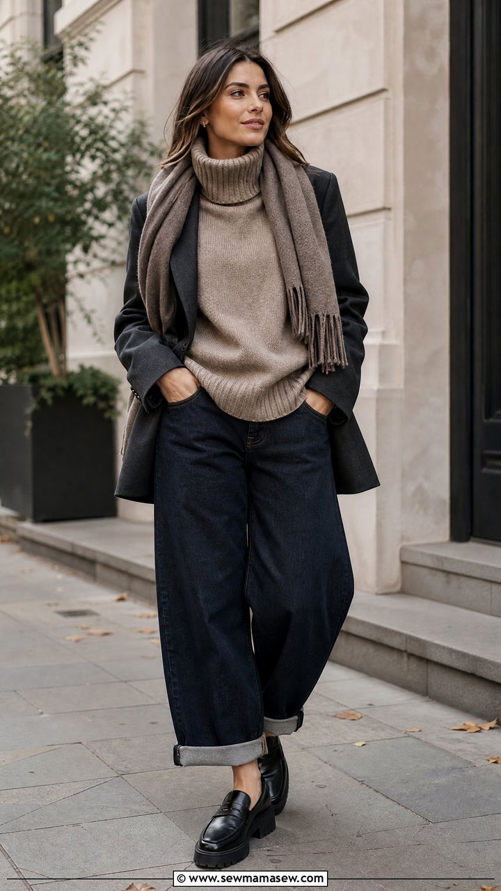Funnel neck sweater with barrel jeans and lug sole loafers - 25 Barrel jeans outfit ideas with a sweater