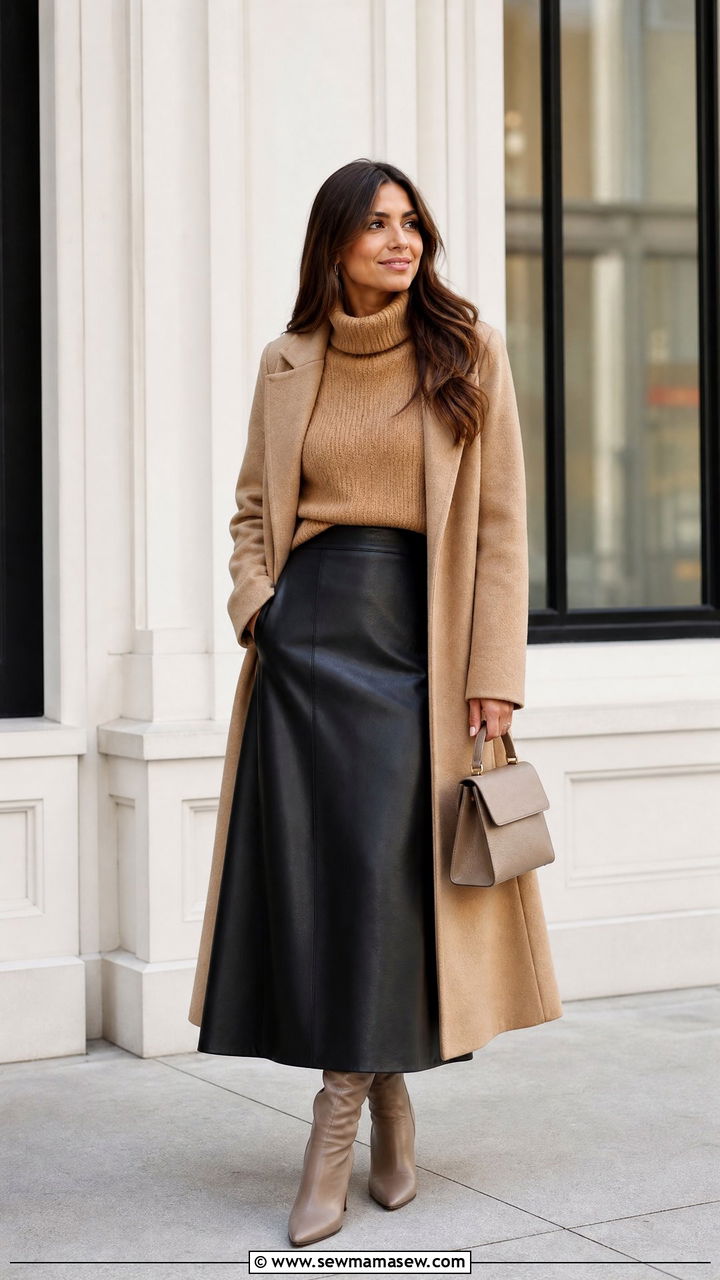 Funnel neck sweater with leather maxi skirt - 35 maxi skirt outfits for women