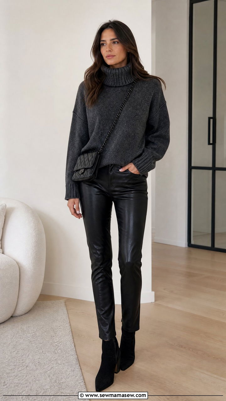 Funnel neck sweater with leather pants outfit - 25 Funnel neck outfit ideas 2026